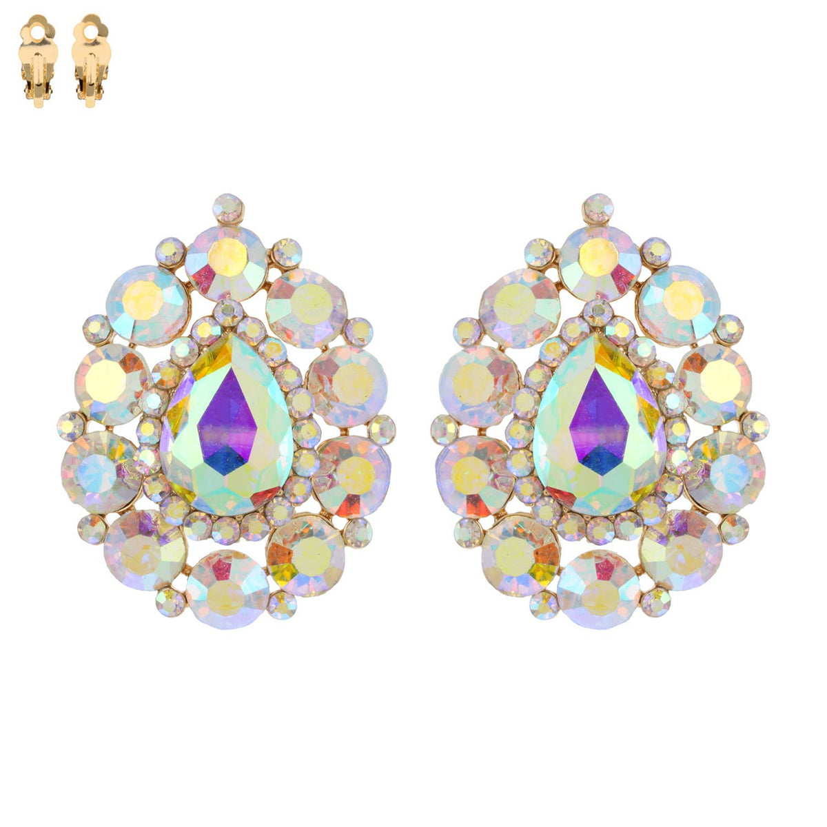 Rhinestone Cluster Halo Pear Shaped Clip On Earrings