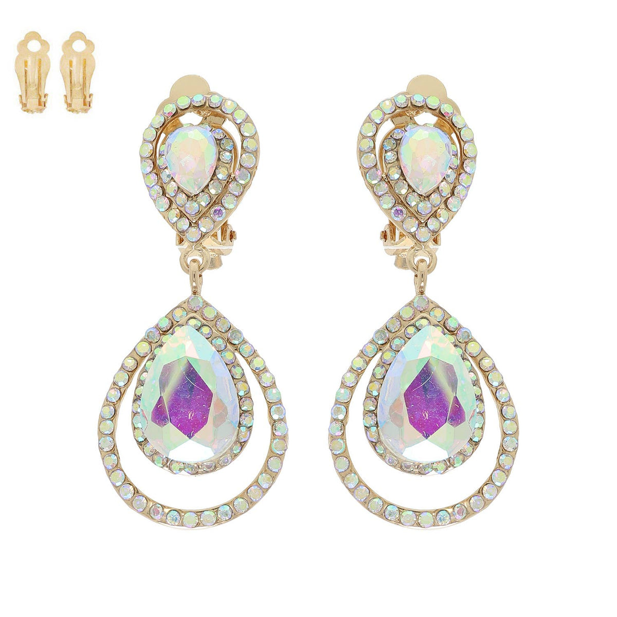 Rhinestone Halo Teardrop Gemstone Clip-On Earrings