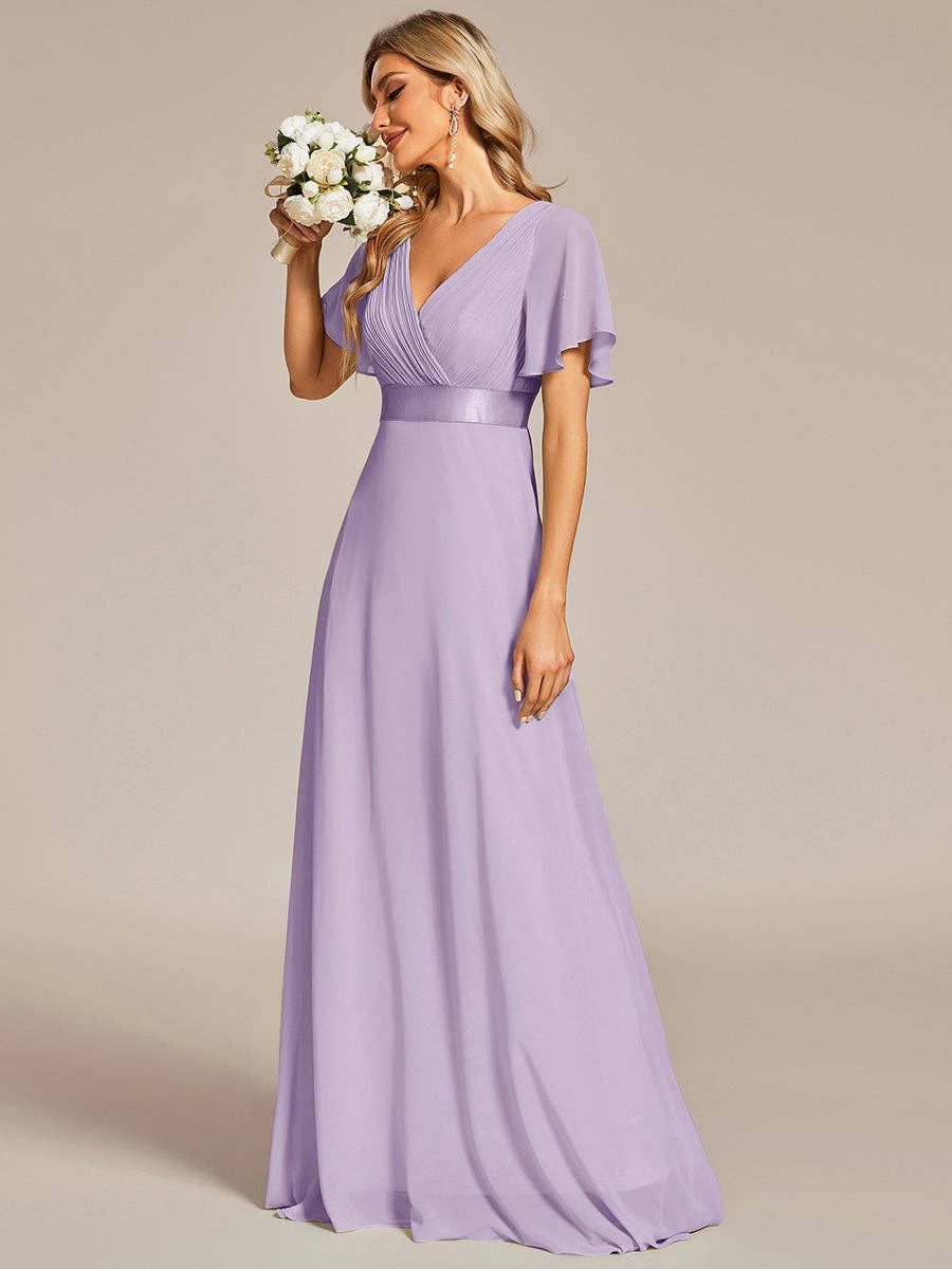 Double V-Neck Ruffles Chiffon Bridesmaid Dress