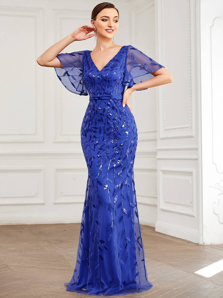 Gorgeous Leaf-Sequined Evening Dress