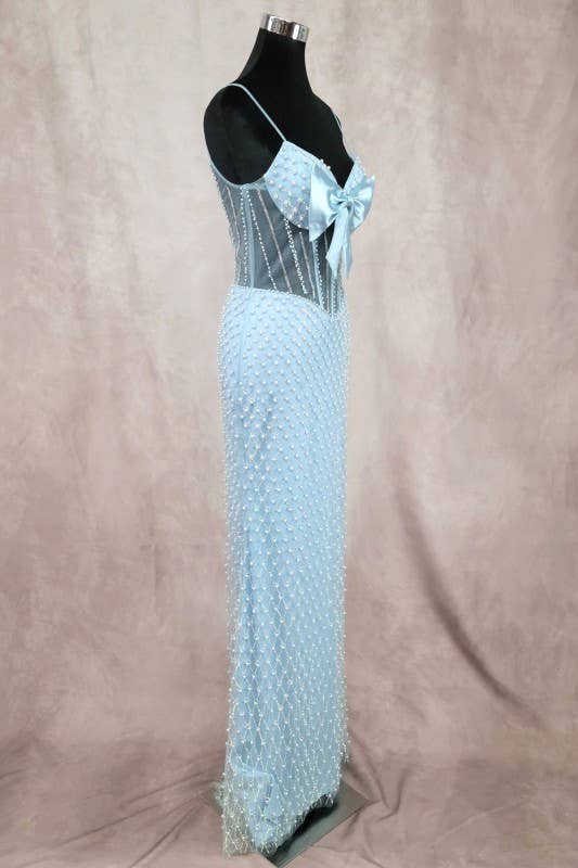 Long Dress With Bow, Pearls And Jewel Rhinestones C848