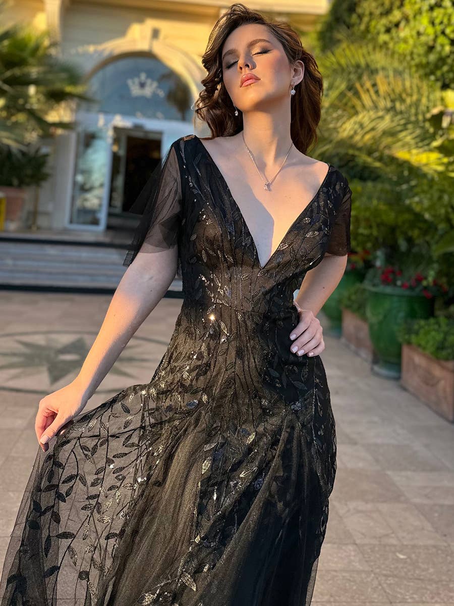 Romantic Shimmery V Neck Ruffle Sleeves Evening Dress