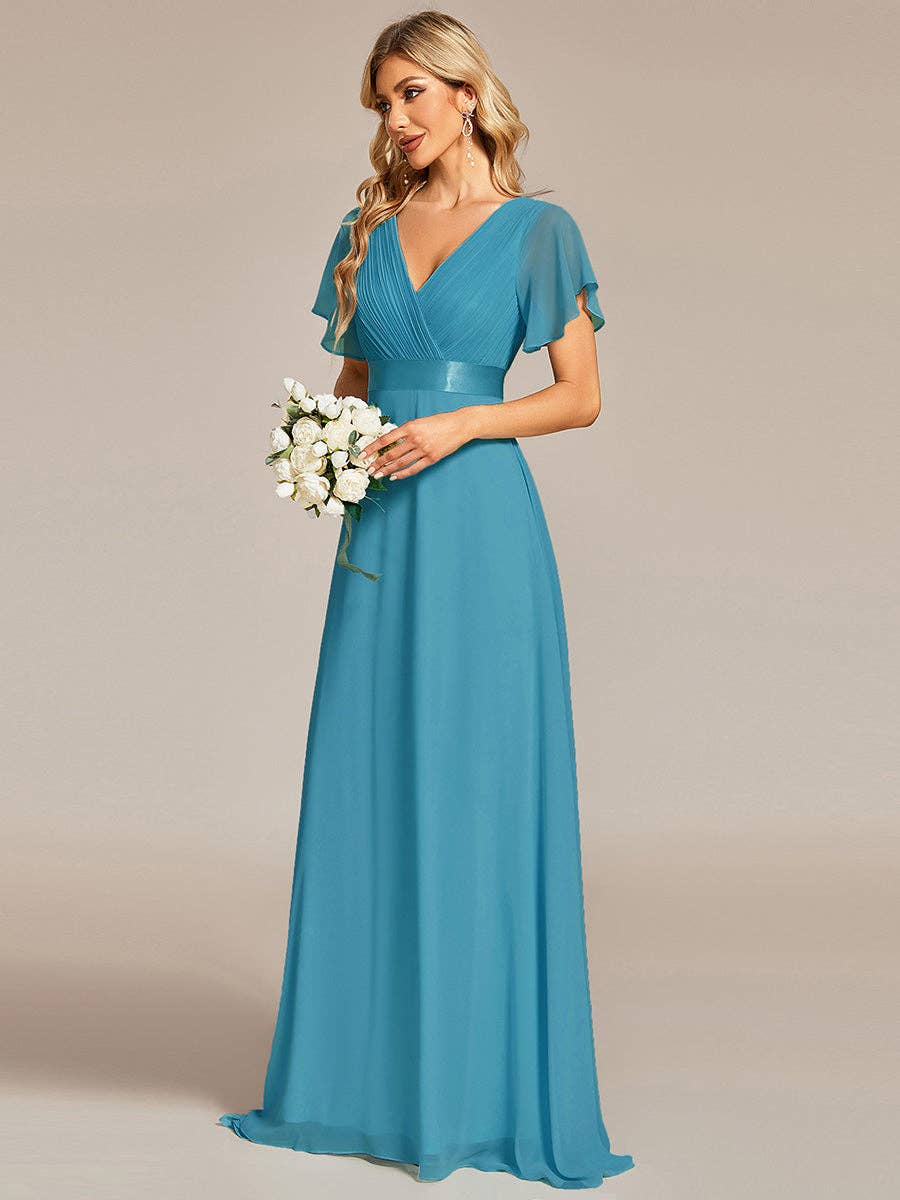Double V-Neck Ruffles Chiffon Bridesmaid Dress
