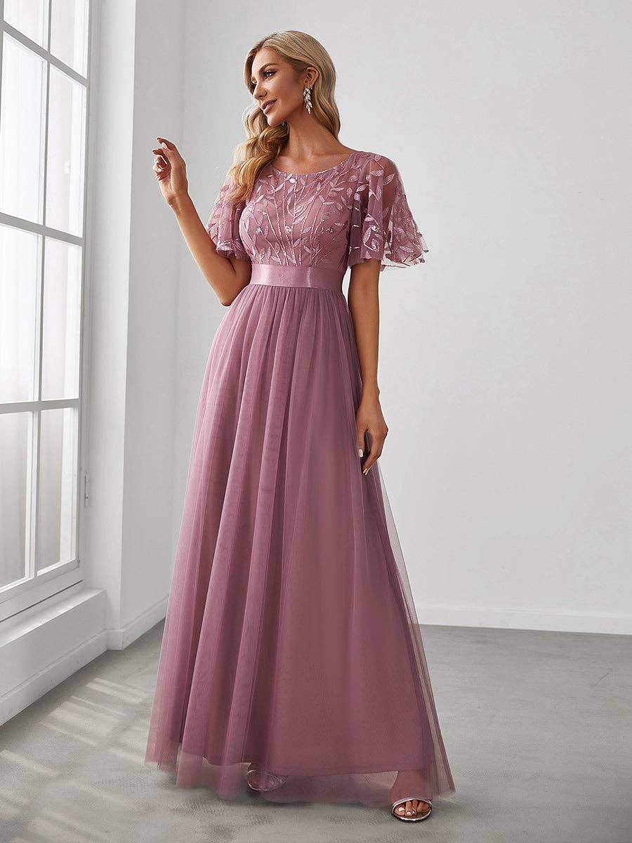 Sequin Print Maxi Long Evening Dresses with Cap Sleeve