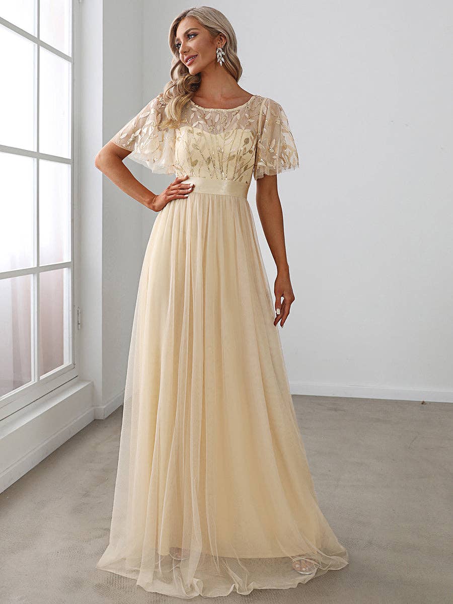 Sequin Print Maxi Long Evening Dresses with Cap Sleeve