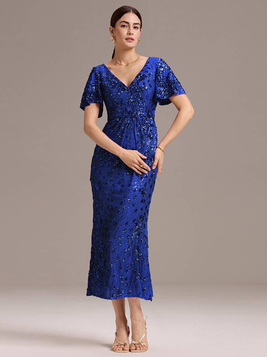Strapless Deep Fishtail Paillette Midi Evening Dresses