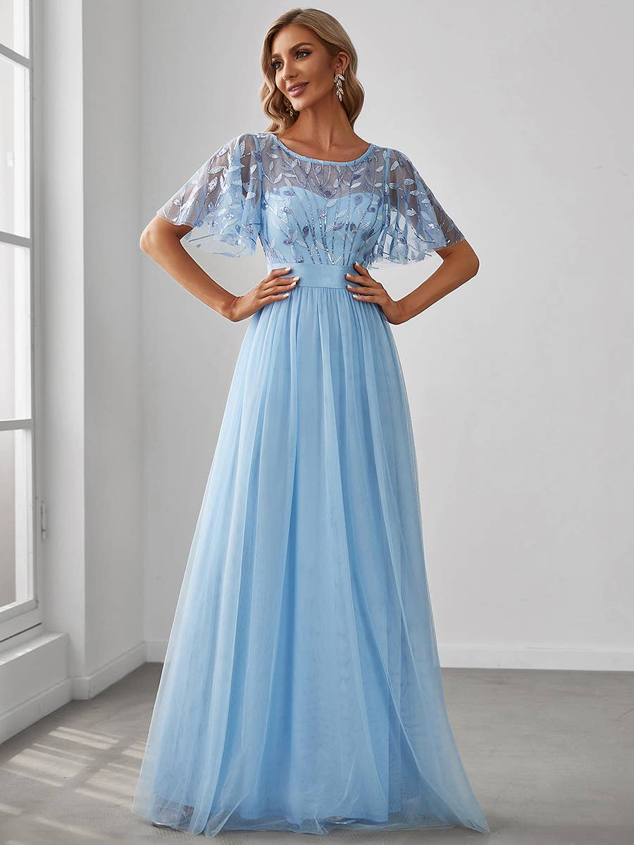 Sequin Print Maxi Long Evening Dresses with Cap Sleeve