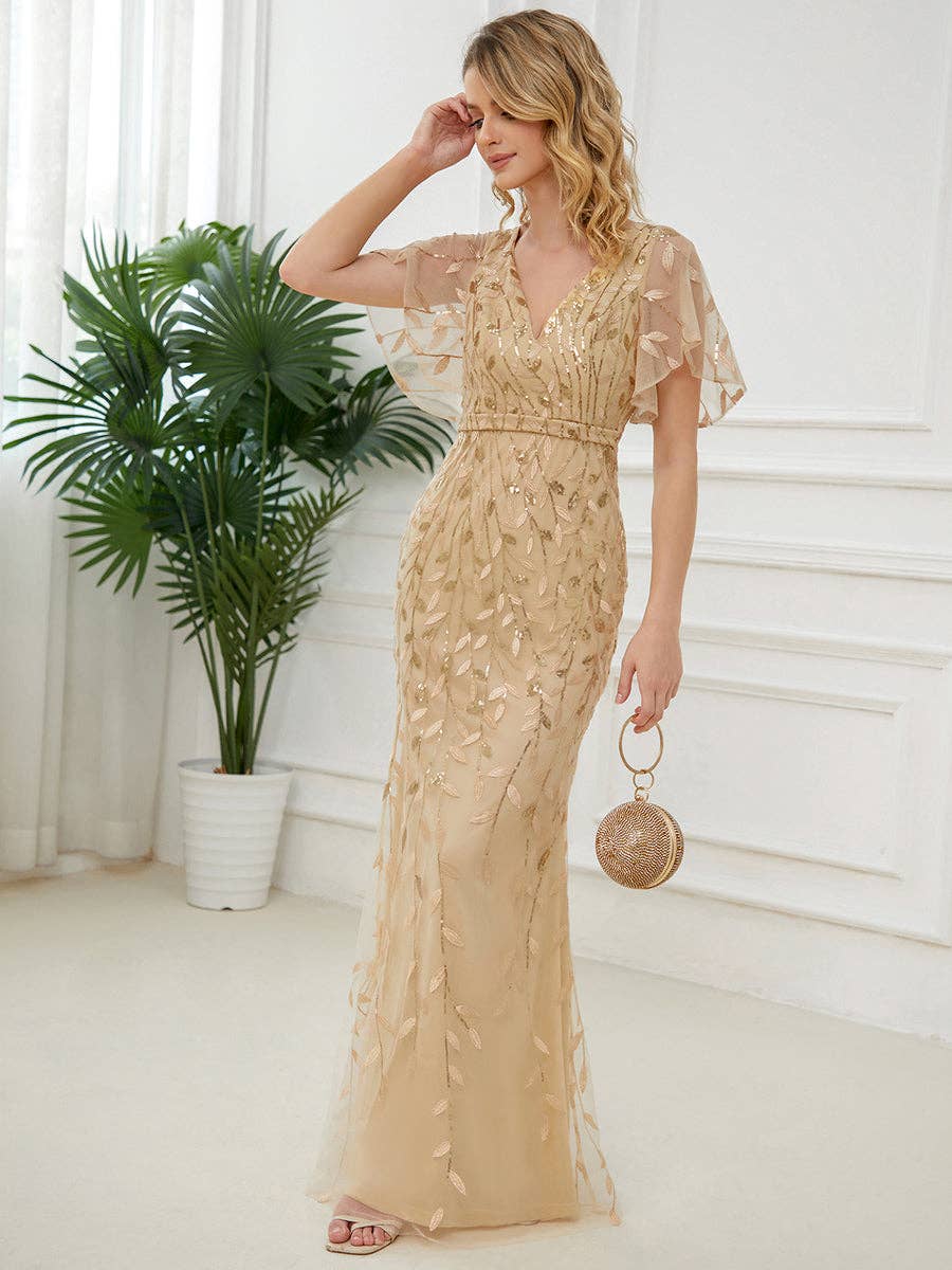 Gorgeous Leaf-Sequined Evening Dress