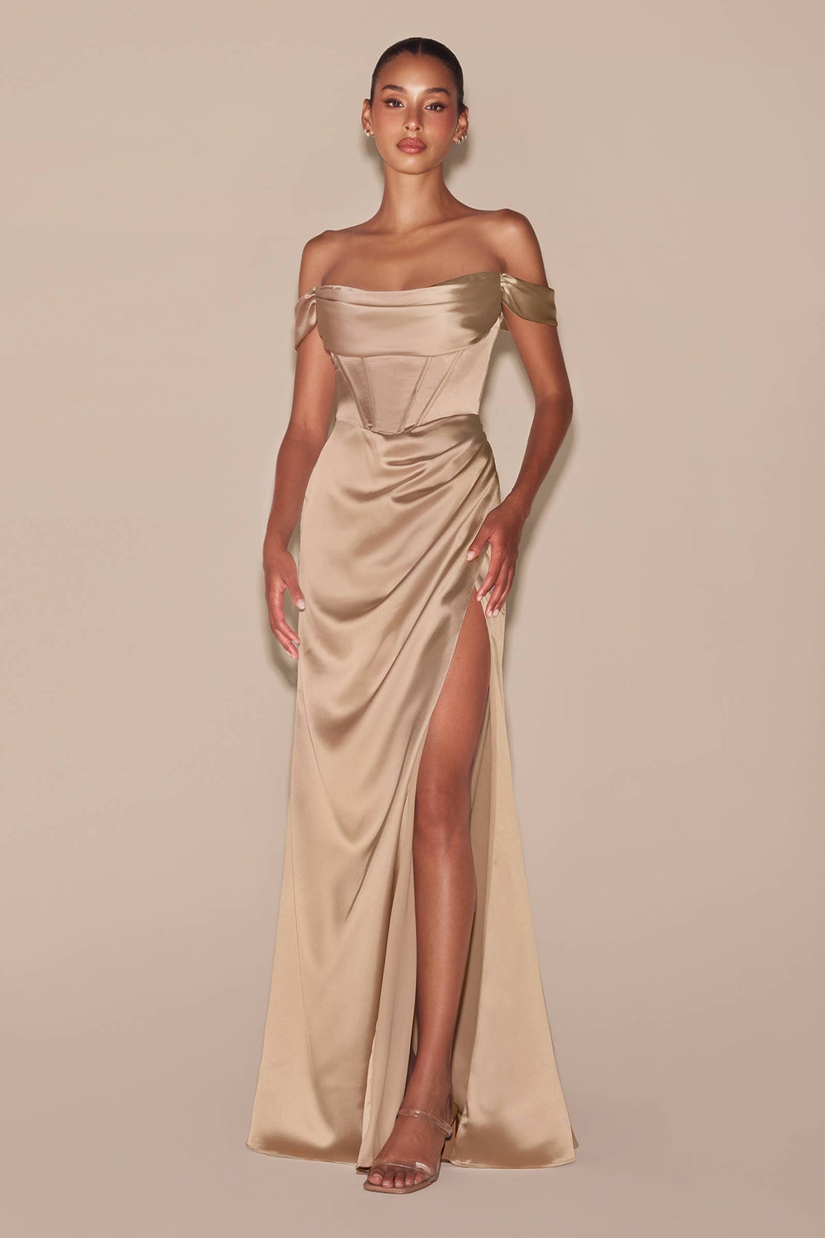 SATIN OFF THE SHOULDER CORSET GOWN