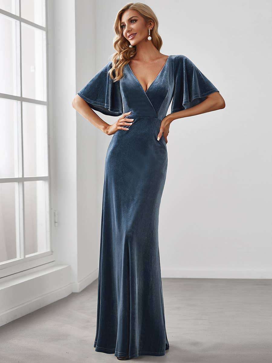 Elegant Double V Neck Velvet Wholesale Party Dress