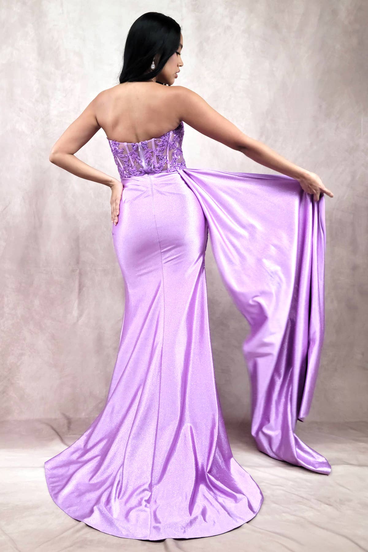 Floor length satin sweetheart dress with split skirt C843