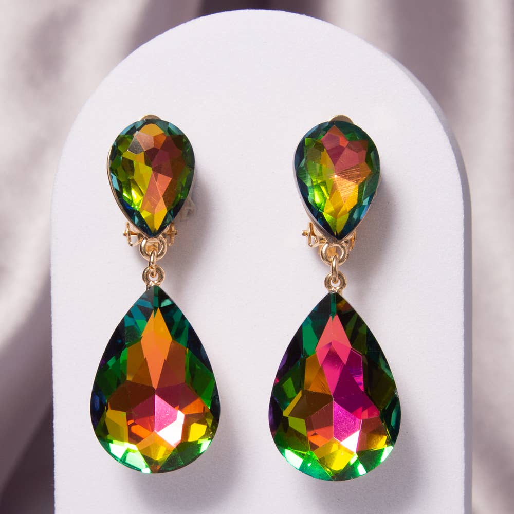 Two-Tier Teardrop-Cut Crystal Dangle Clip-On Earrings