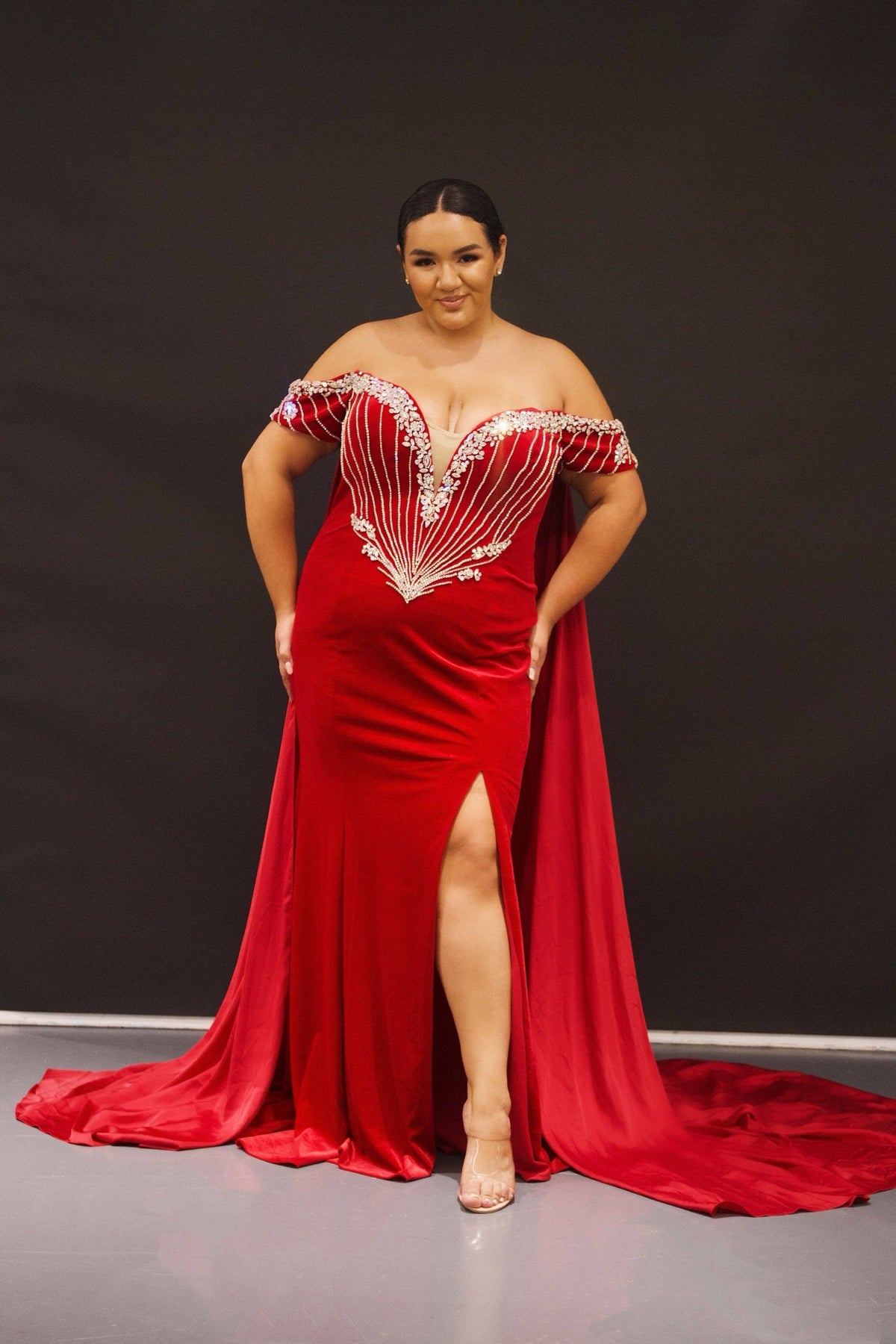 Plus Size Beaded Velvet Pageant Gown with Cape
