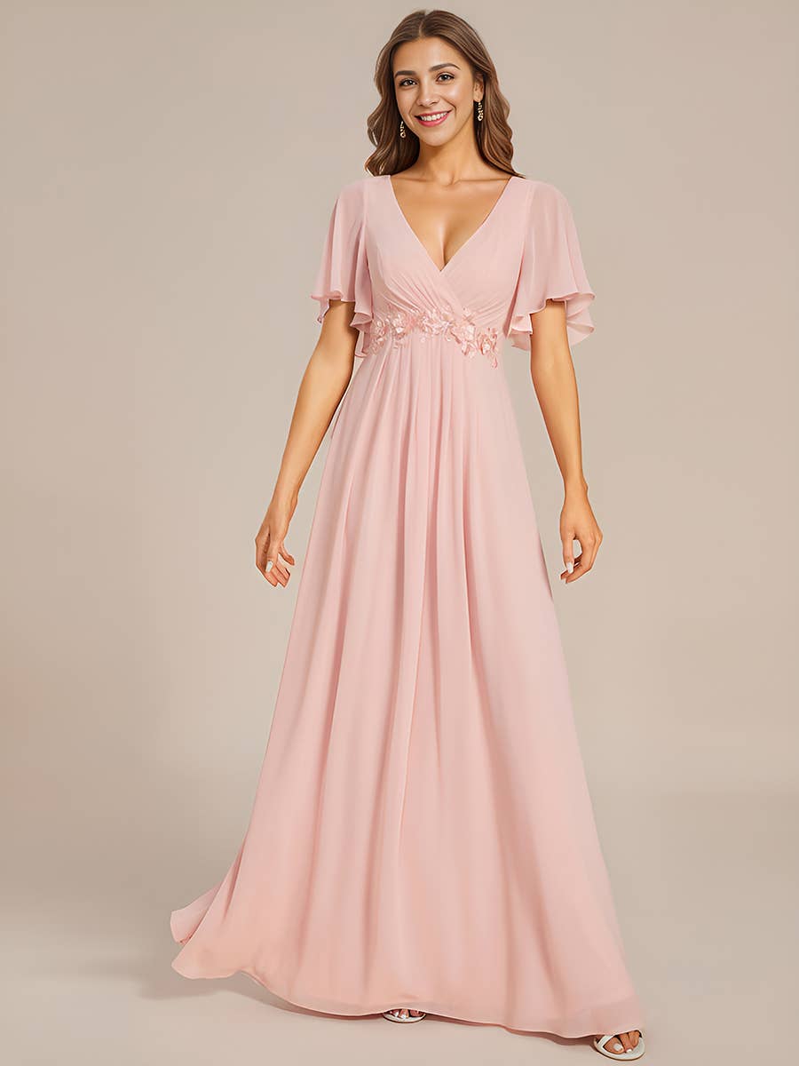 V Neck Appliques Pleated Bridesmaid Dress
