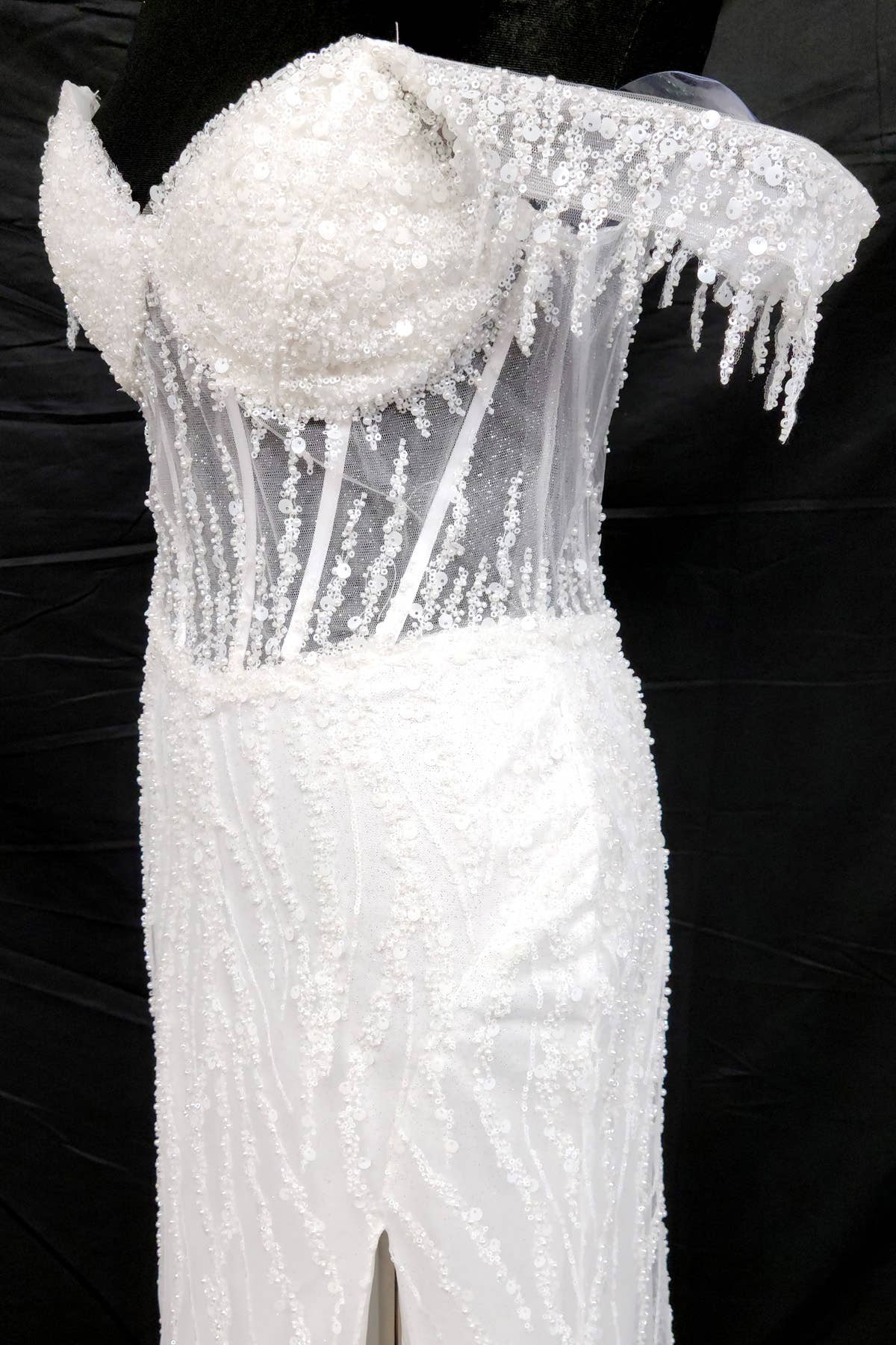 Off the Shoulder Sequin and Bead Long Dress C331