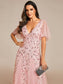 Romantic Shimmery V Neck Ruffle Sleeves Evening Dress