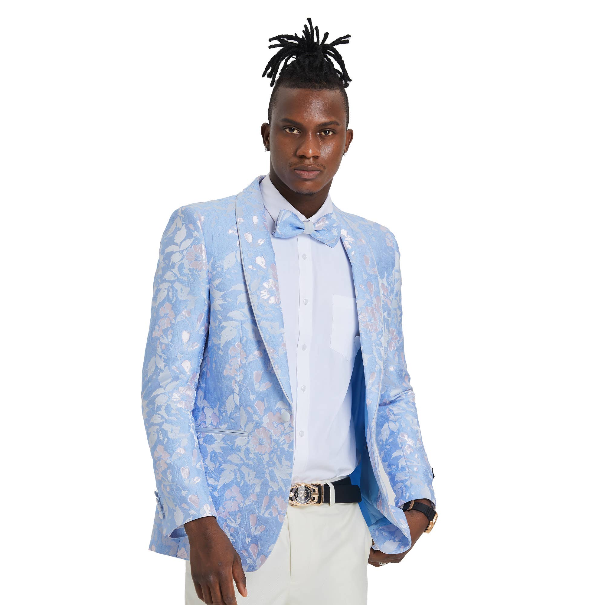 Men's Slim Floral Blazer w/ Bowtie, Shawl, Sky and Sliver