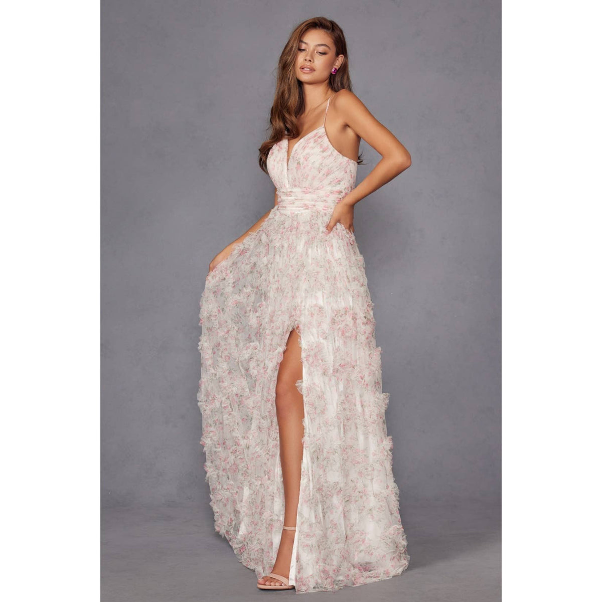 JT2572U THIS DRESS FEATURES A FITTED CORSET WITH A V-NECKLIN