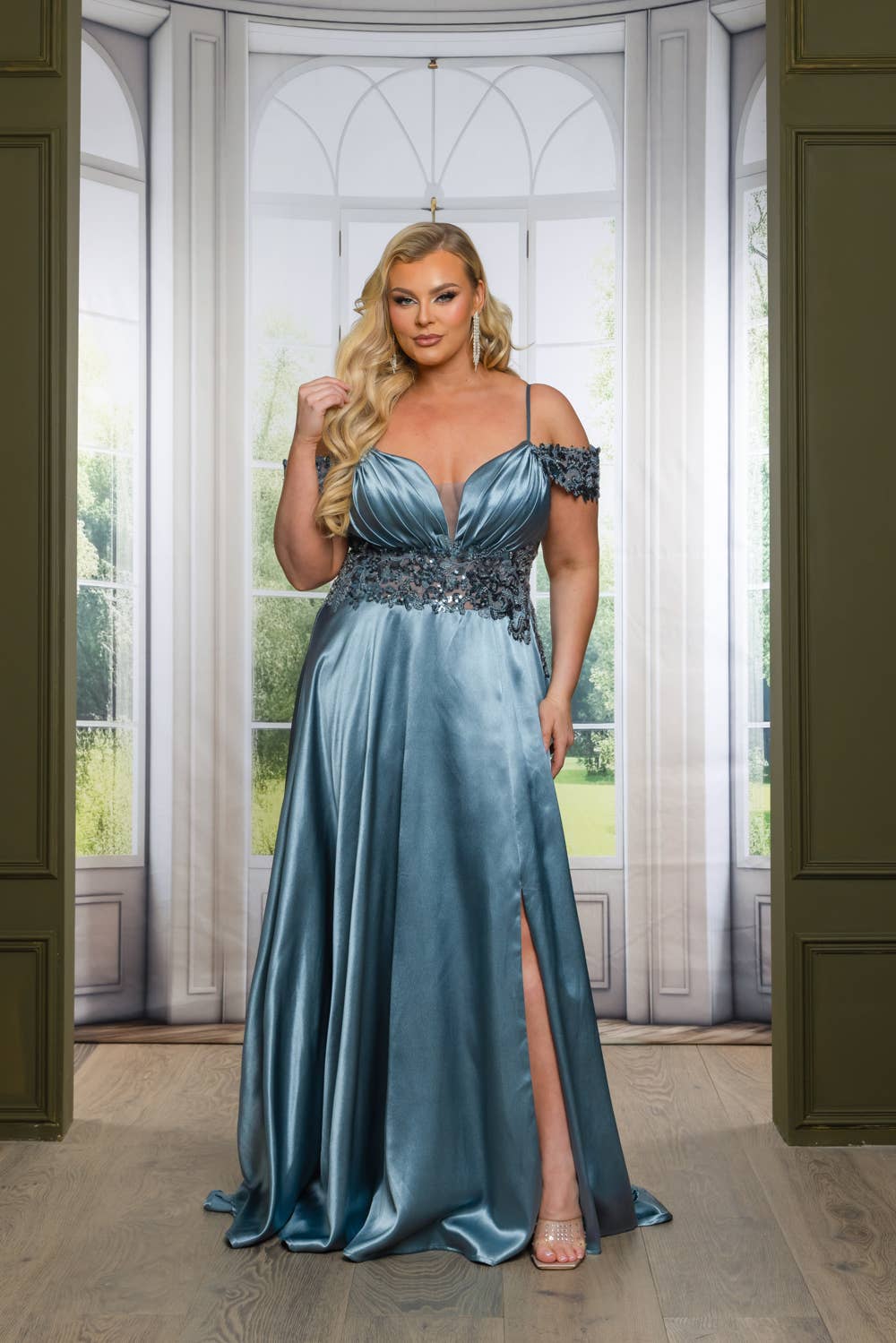 P7536-PLUS SATIN A LINE MAXI DRESS WITH SEQUINS AND BEADING