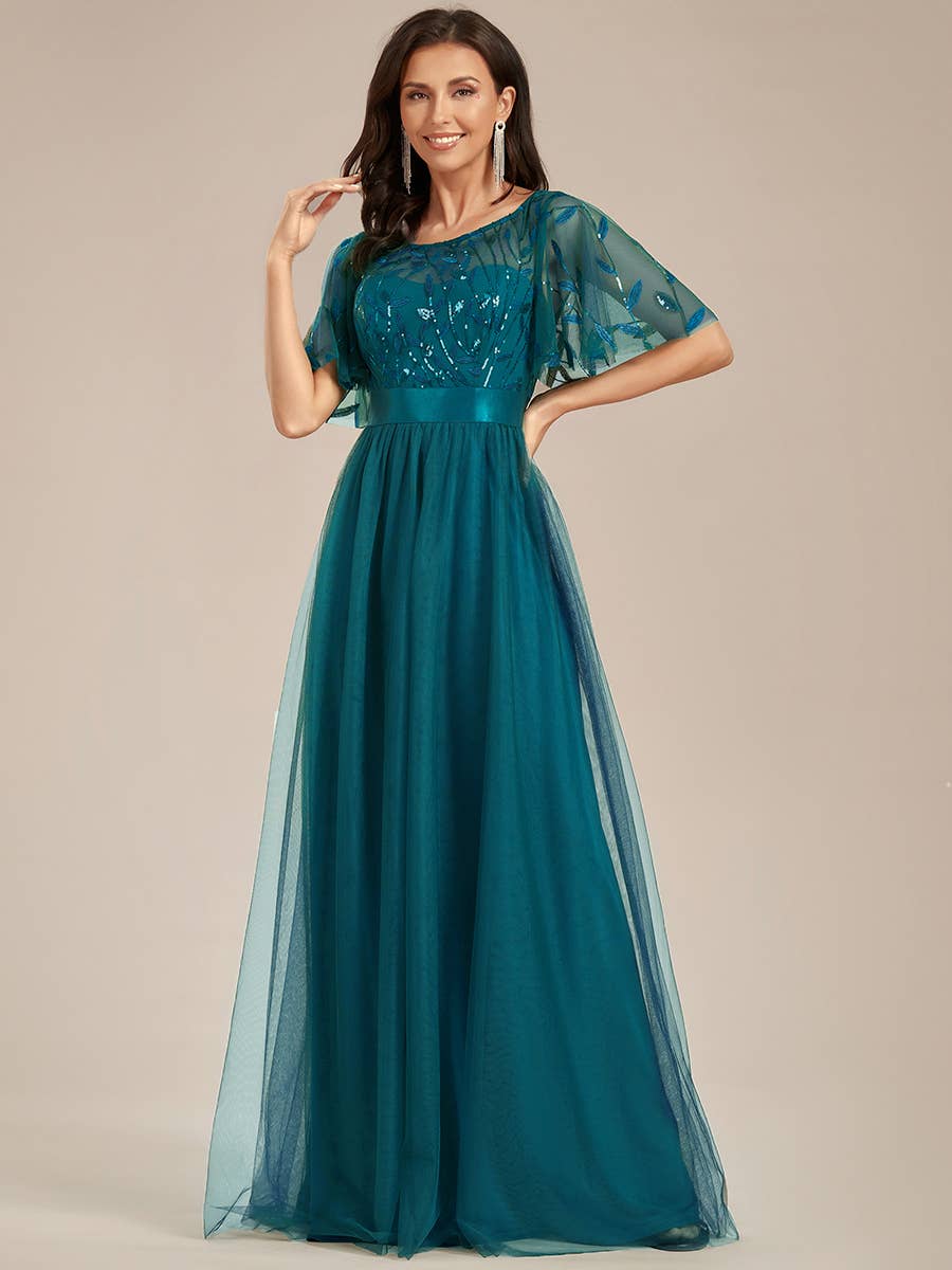 Sequin Print Maxi Long Evening Dresses with Cap Sleeve