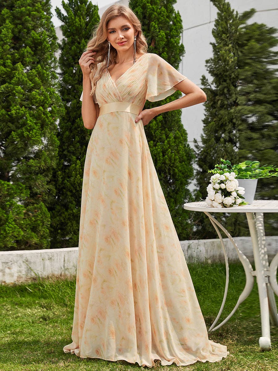 Double V-Neck Ruffles Chiffon Bridesmaid Dress