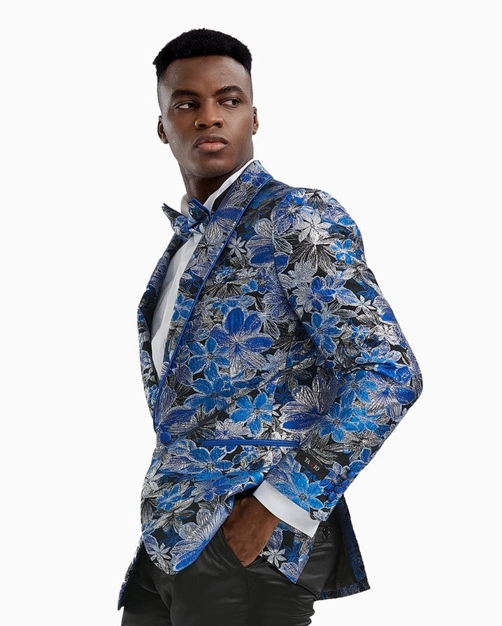 Men's Slim Textured Floral Blazer, Shawl Collar, Royal
