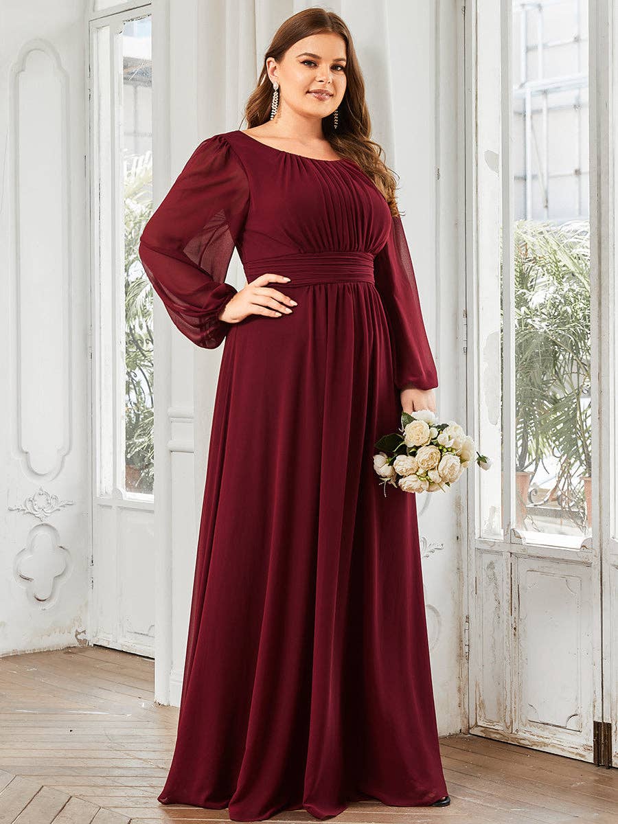 Plus Size Long Lantern Sleeves Round Neck Bridesmaid Dress