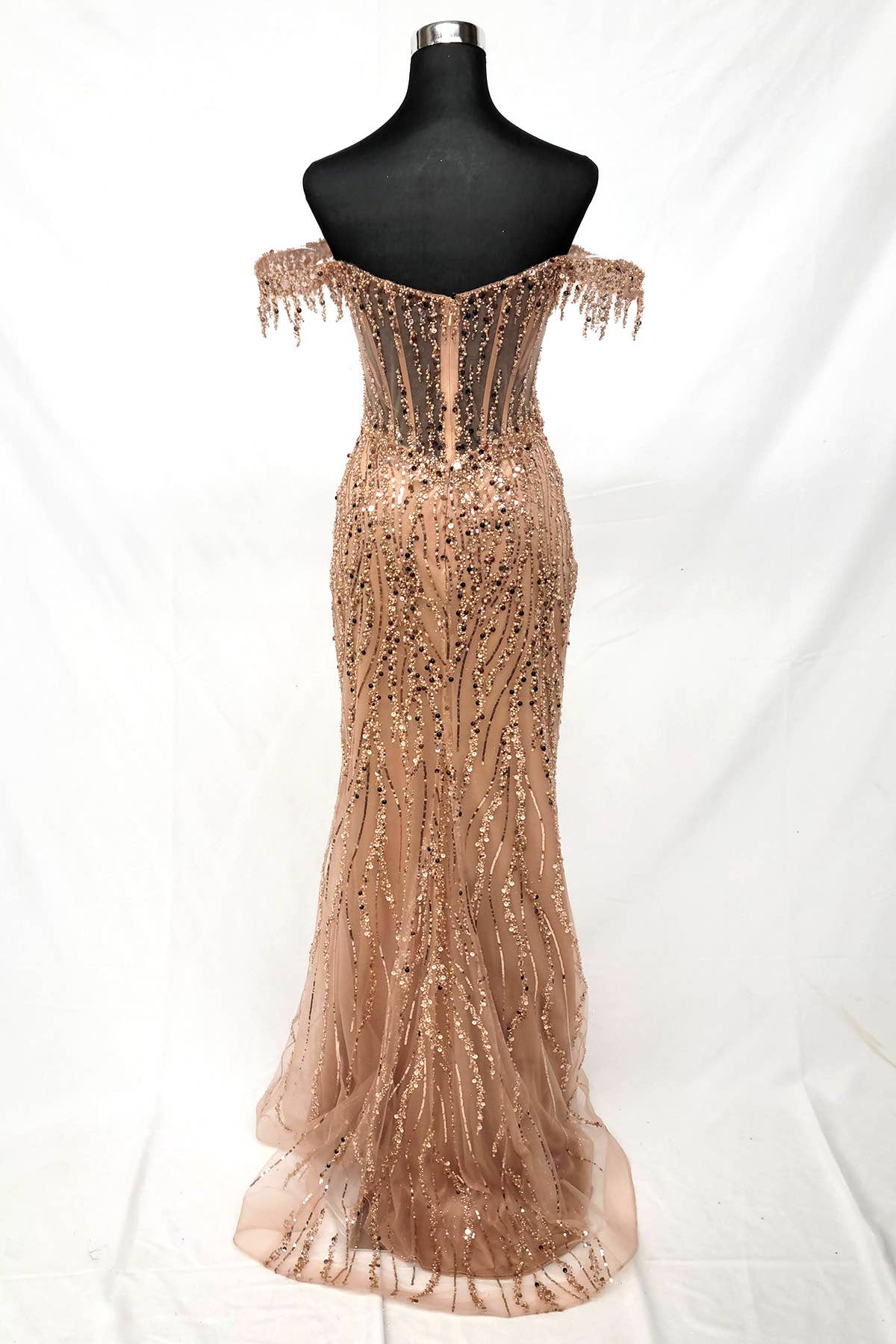 Off the Shoulder Sequin and Bead Long Dress C331
