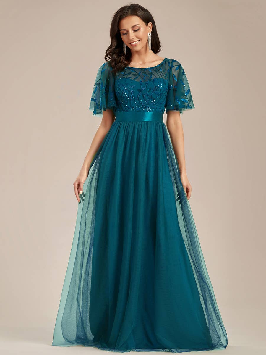 Sequin Print Maxi Long Evening Dresses with Cap Sleeve