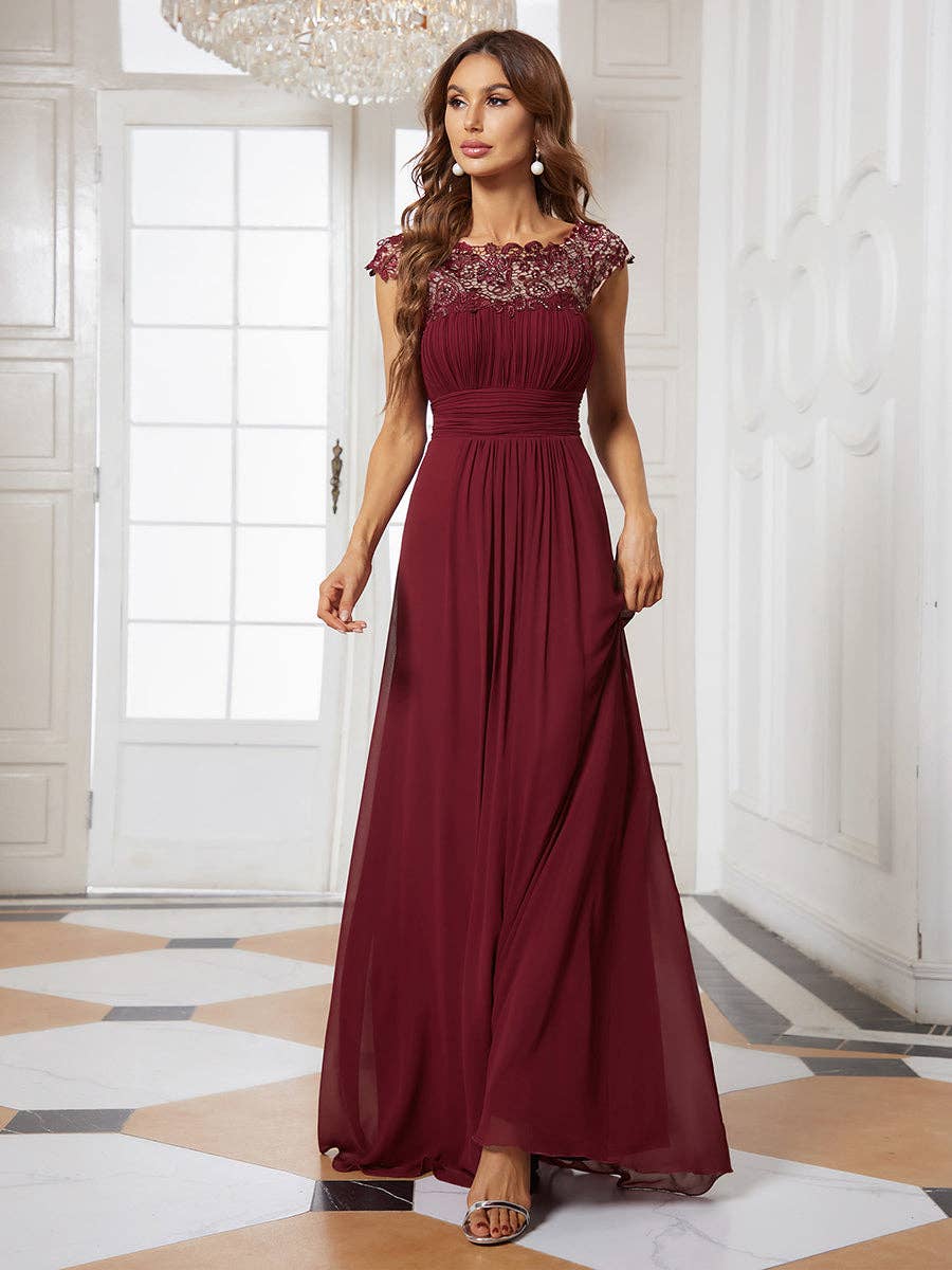 Lacey Neckline Open Back Ruched Bust  Chiffon Evening Dress