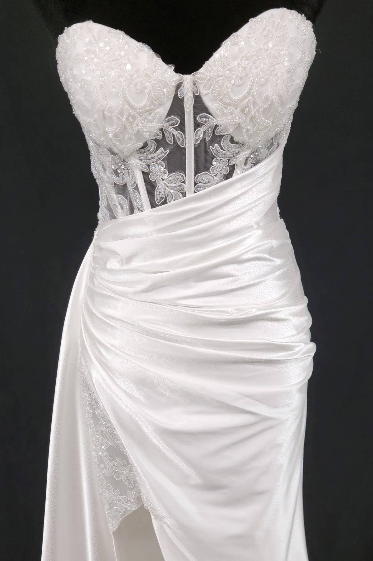 Floor length satin sweetheart dress with split skirt C843