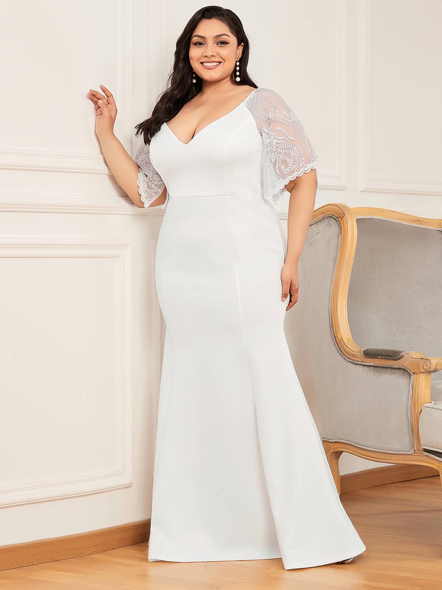 Elegant Plus Size V Neck Fishtail Evening Dress