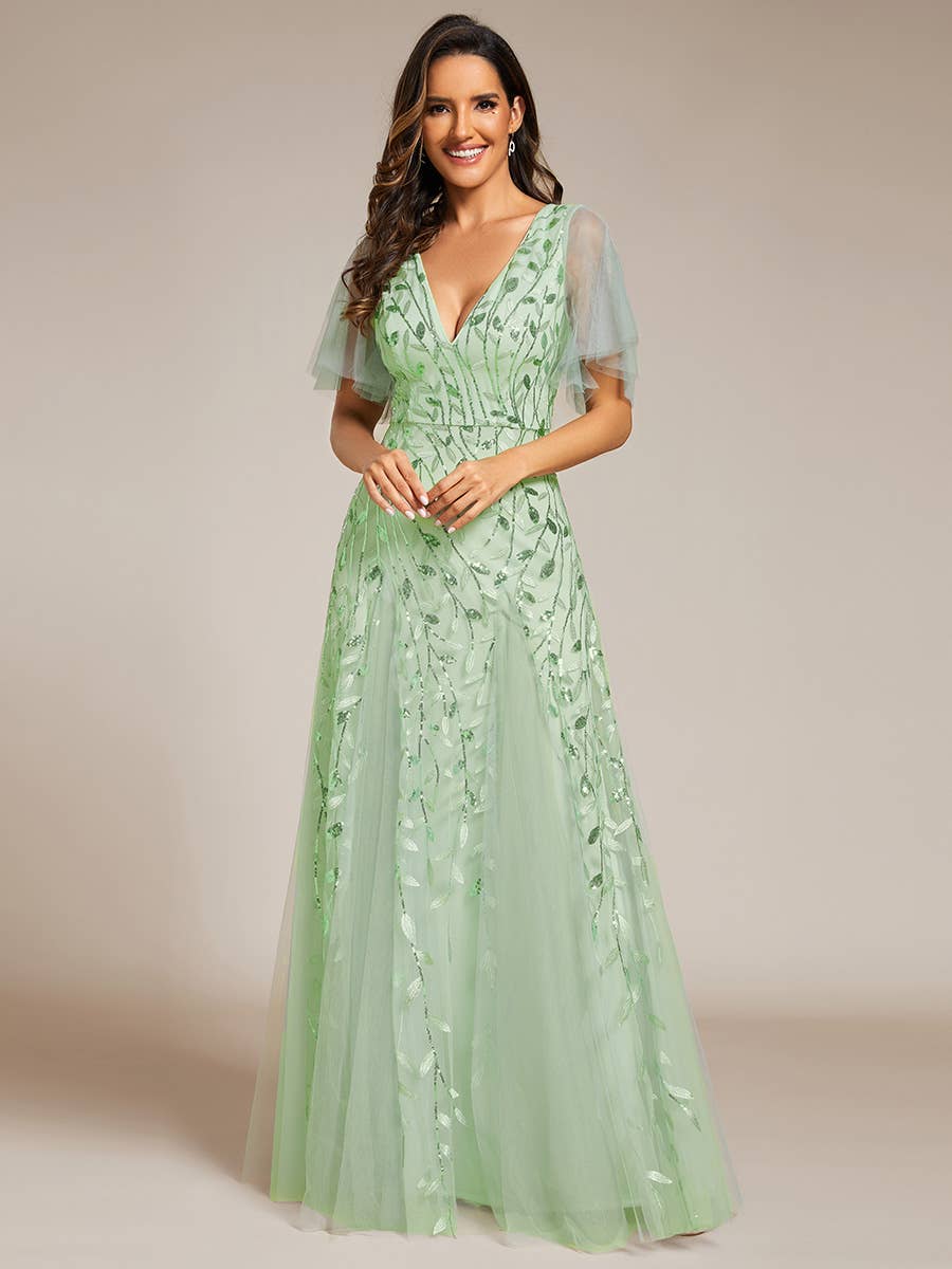 Romantic Shimmery V Neck Ruffle Sleeves Evening Dress
