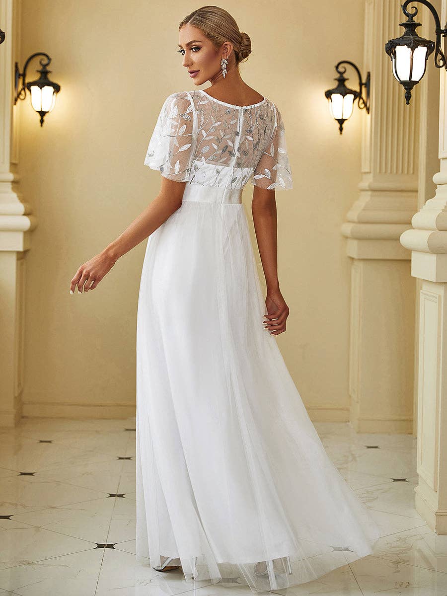 Sequin Print Maxi Long Evening Dresses with Cap Sleeve