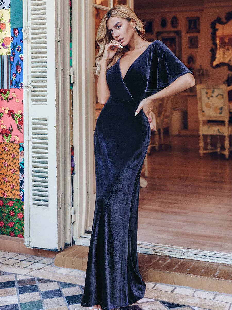 Elegant Double V Neck Velvet Wholesale Party Dress