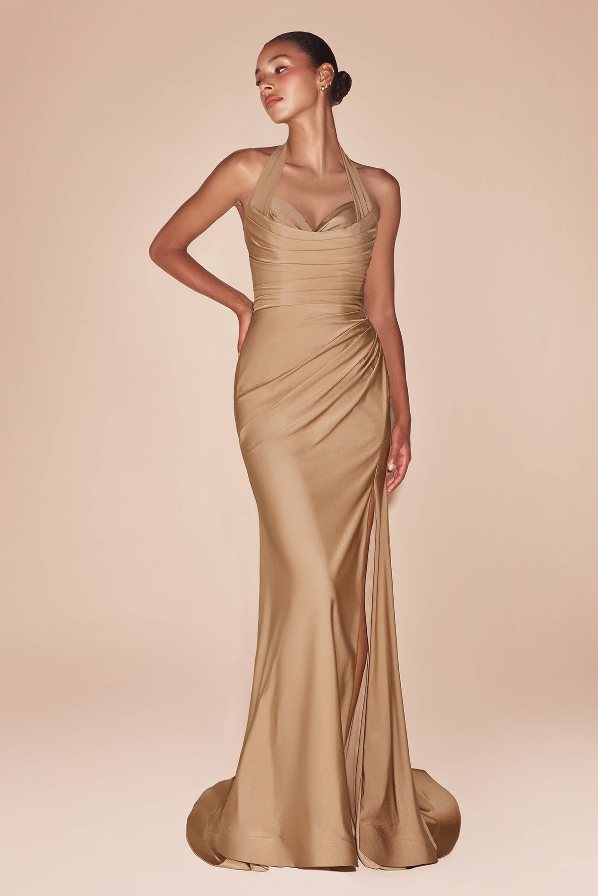 STETCH SATIN HALTER FITTED DRESS