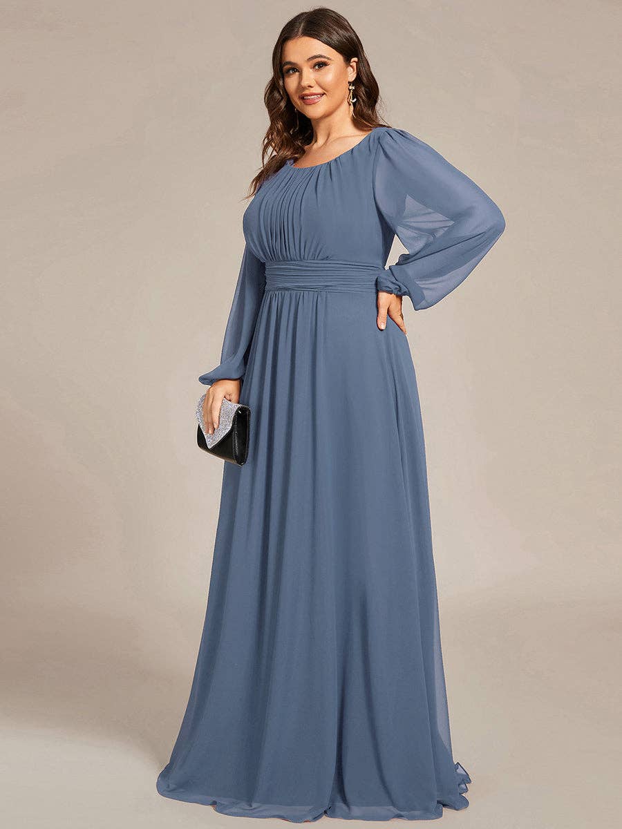 Plus Size Long Lantern Sleeves Round Neck Bridesmaid Dress