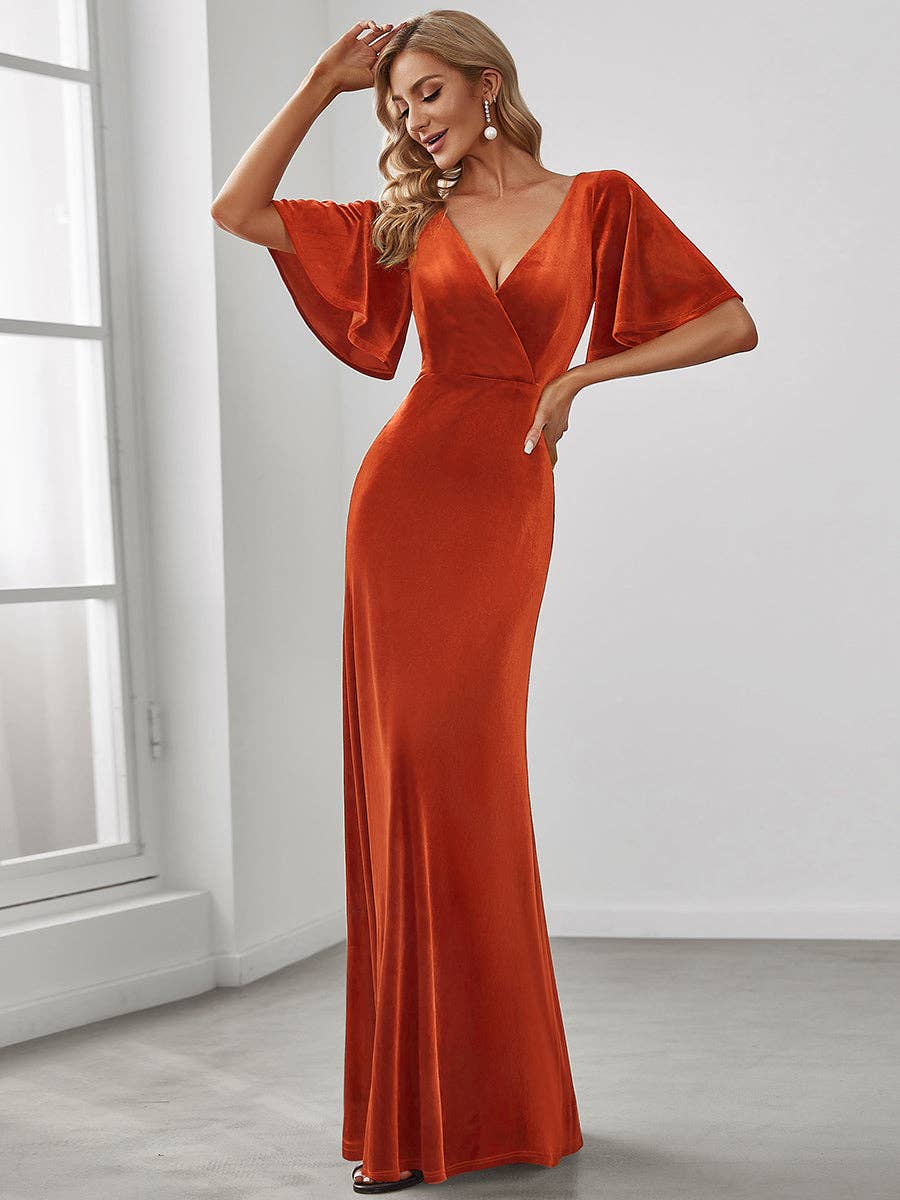 Elegant Double V Neck Velvet Wholesale Party Dress