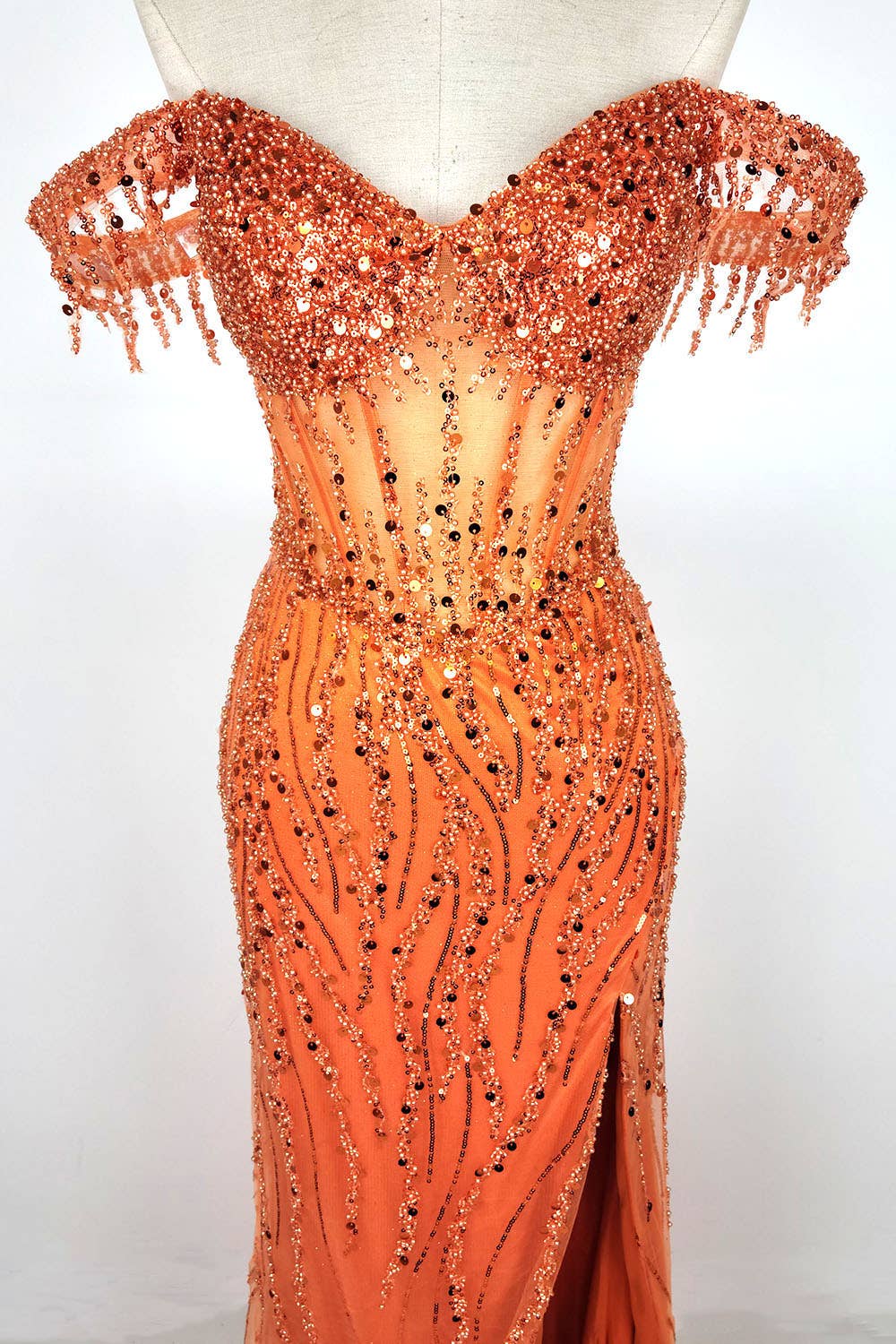 Off the Shoulder Sequin and Bead Long Dress C331