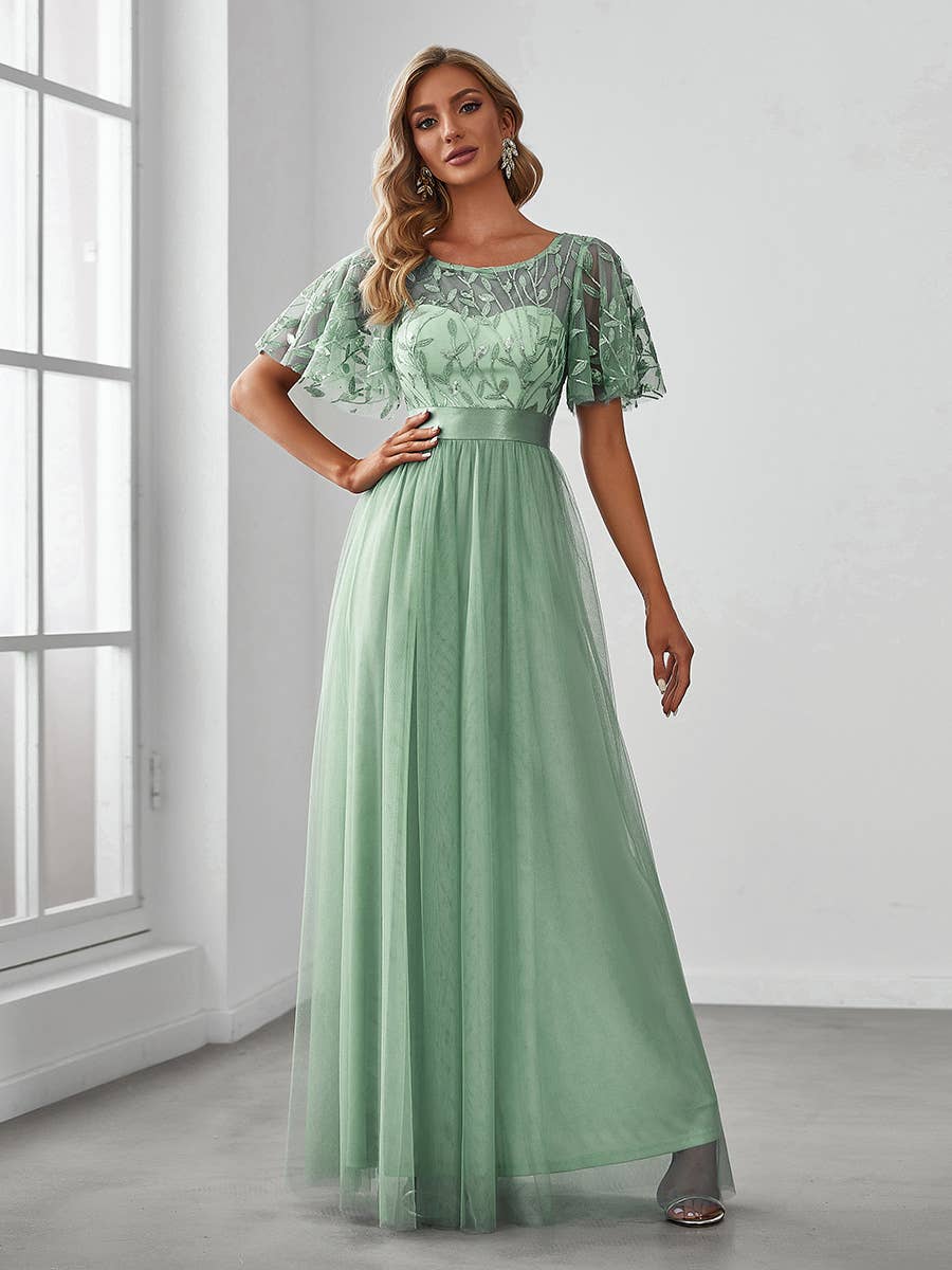 Sequin Print Maxi Long Evening Dresses with Cap Sleeve