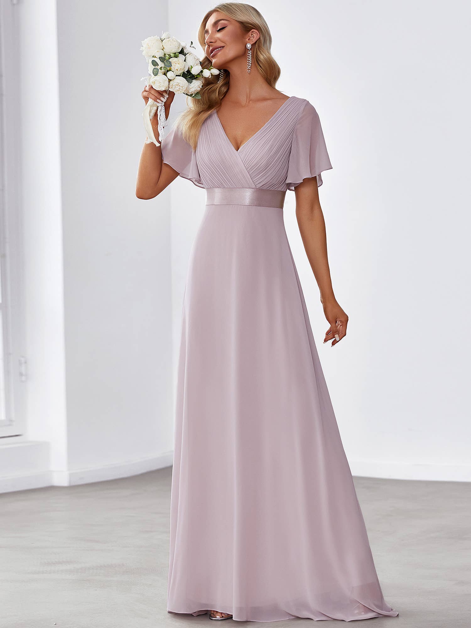 Double V-Neck Ruffles Chiffon Bridesmaid Dress