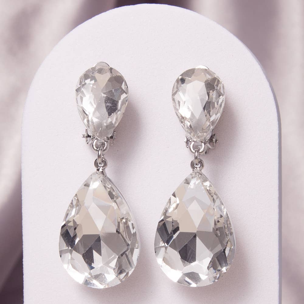 Two-Tier Teardrop-Cut Crystal Dangle Clip-On Earrings