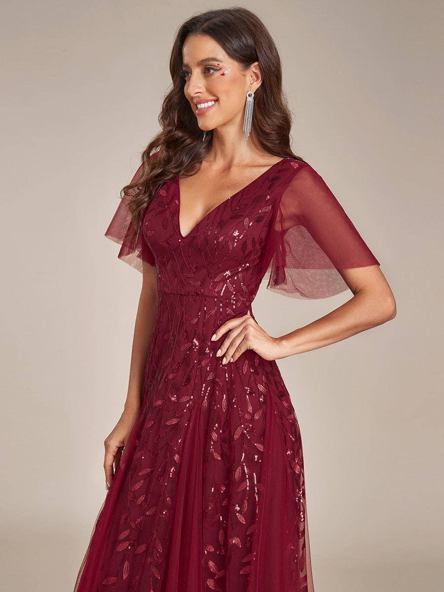 Romantic Shimmery V Neck Ruffle Sleeves Evening Dress