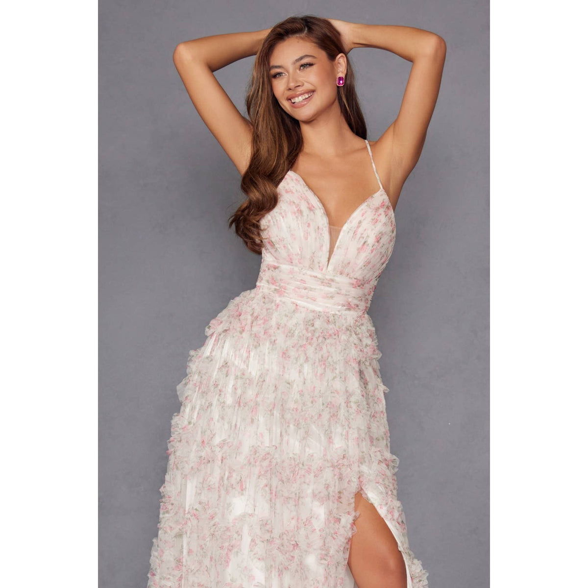 JT2572U THIS DRESS FEATURES A FITTED CORSET WITH A V-NECKLIN