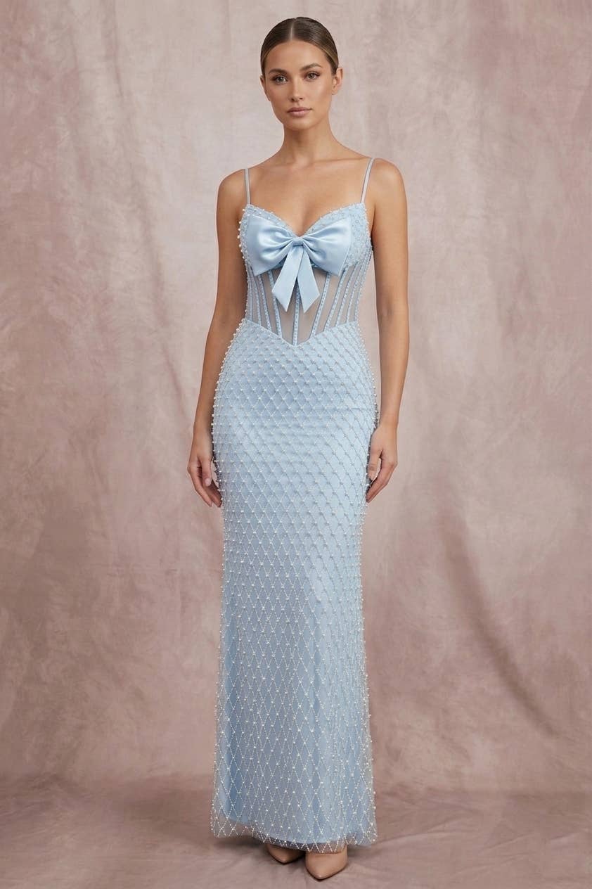 Long Dress With Bow, Pearls And Jewel Rhinestones C848