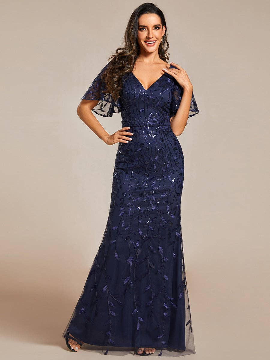 Gorgeous Leaf-Sequined Evening Dress
