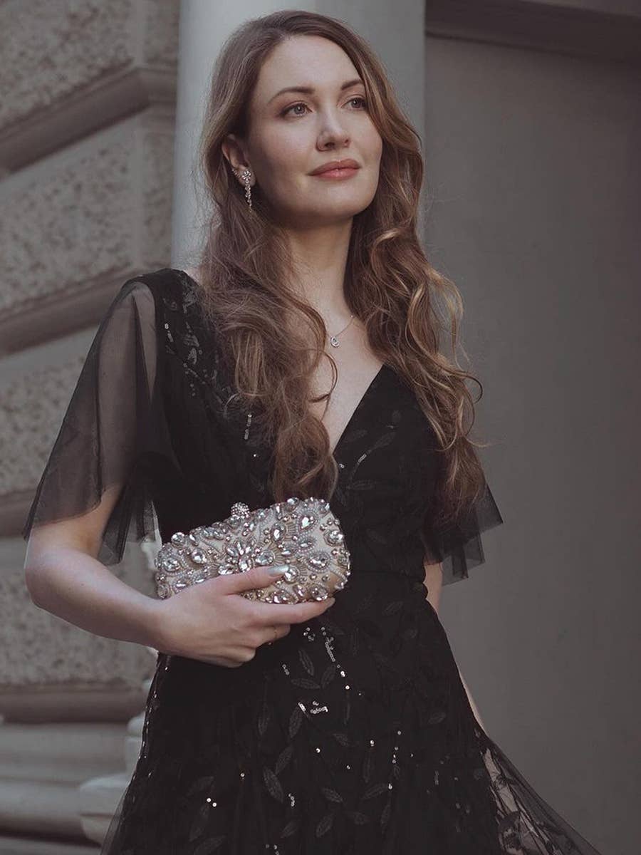 Romantic Shimmery V Neck Ruffle Sleeves Evening Dress