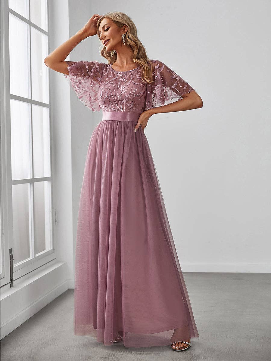 Sequin Print Maxi Long Evening Dresses with Cap Sleeve