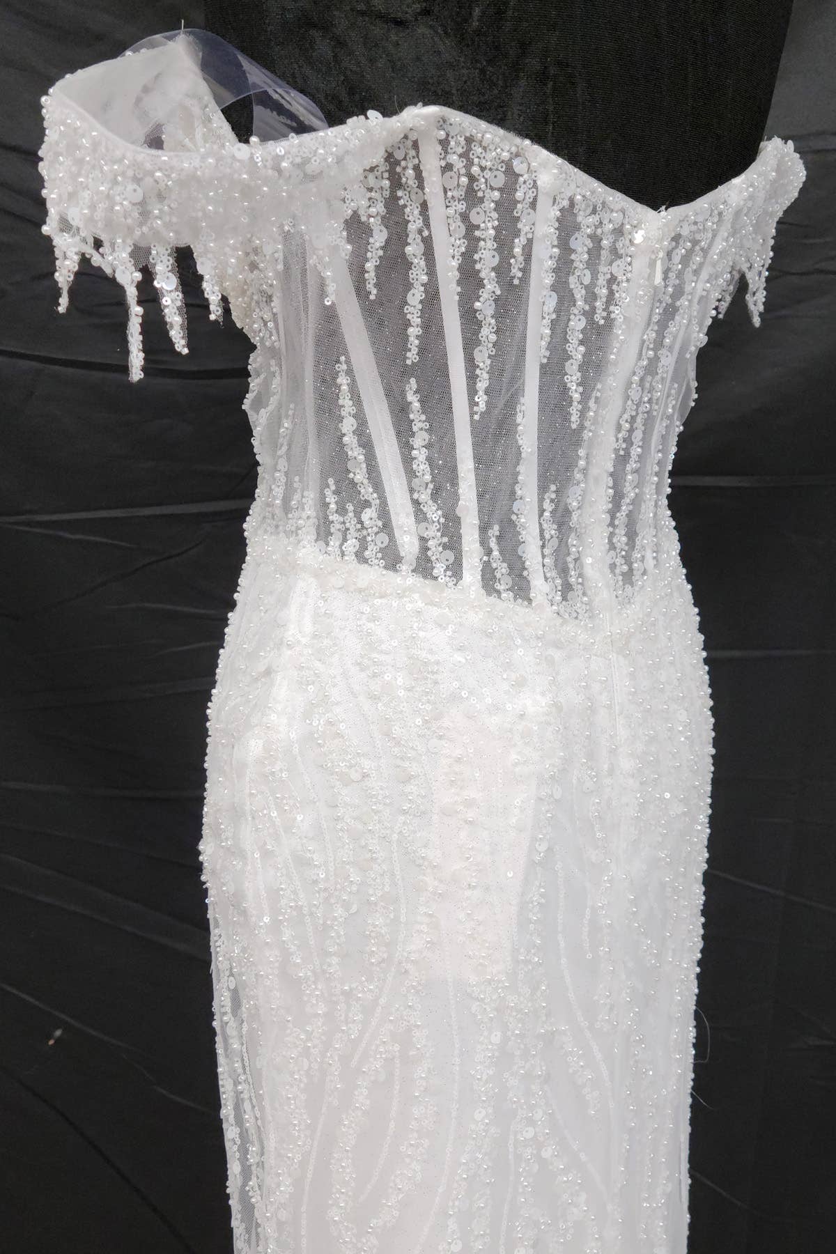 Off the Shoulder Sequin and Bead Long Dress C331