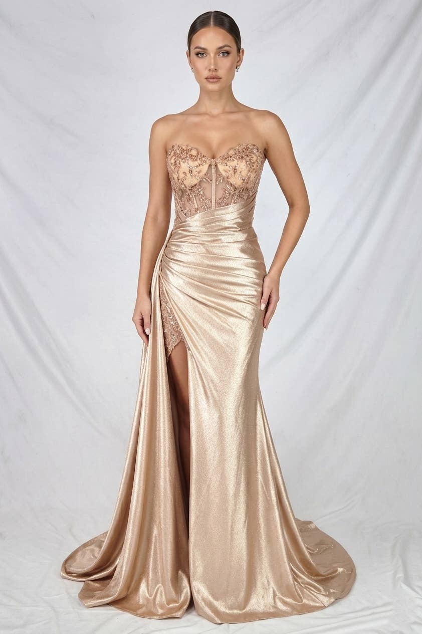 Floor length satin sweetheart dress with split skirt C843